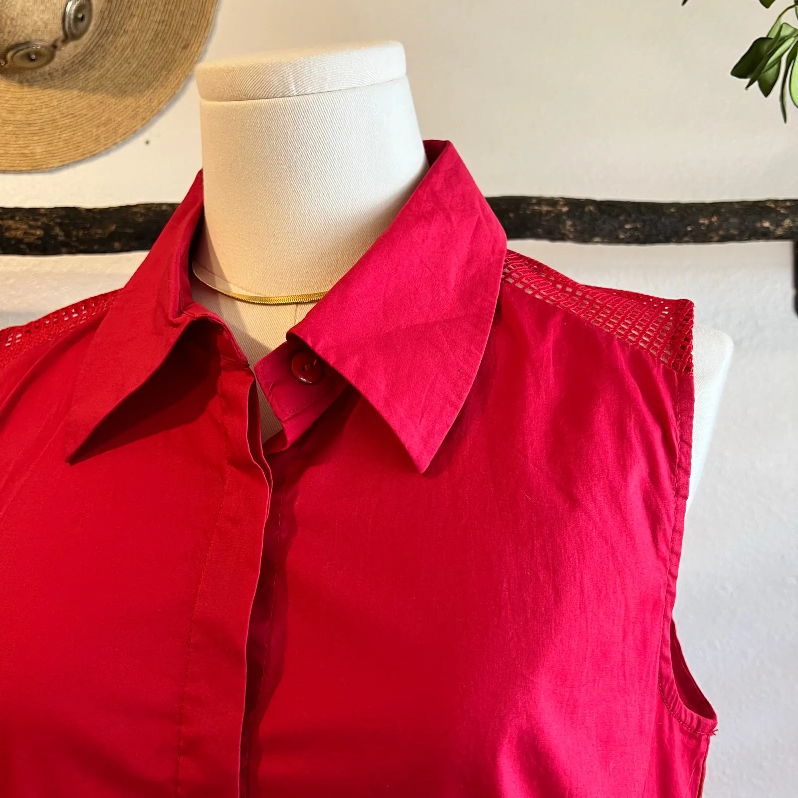 Soft Surroundings Oversized Red Mesh Sleeveless Button Front Midi Dress Size XS - Image 3