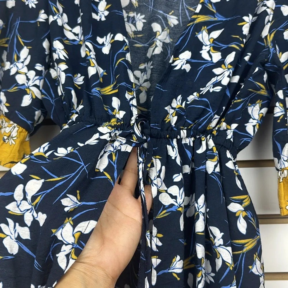 Floral Print Blue/Yellow Cover up/ Kimono/Cardigan Dress Sz Small Tie at Front - Image 3