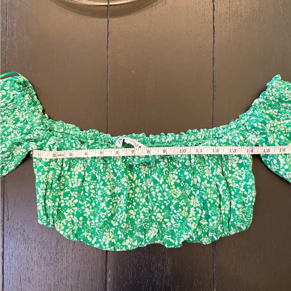 Zara Green & White Floral Flower Off the Shoulder Top Size Small (Set Available) - Image 5