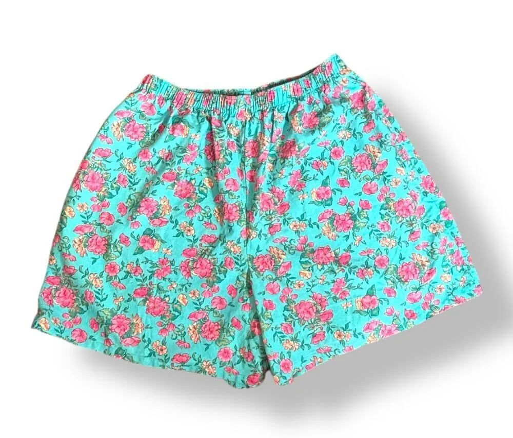 Vintage 90s High Rise Floral Shorts Pink Turquoise Blue USA Made Elastic Waist Size L - Image 2