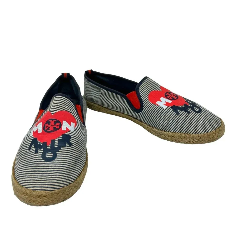Tory Burch Mon Amour‎ Navy Blue Red Stripe Heart Espadrille Flats Size 10 - Image 6
