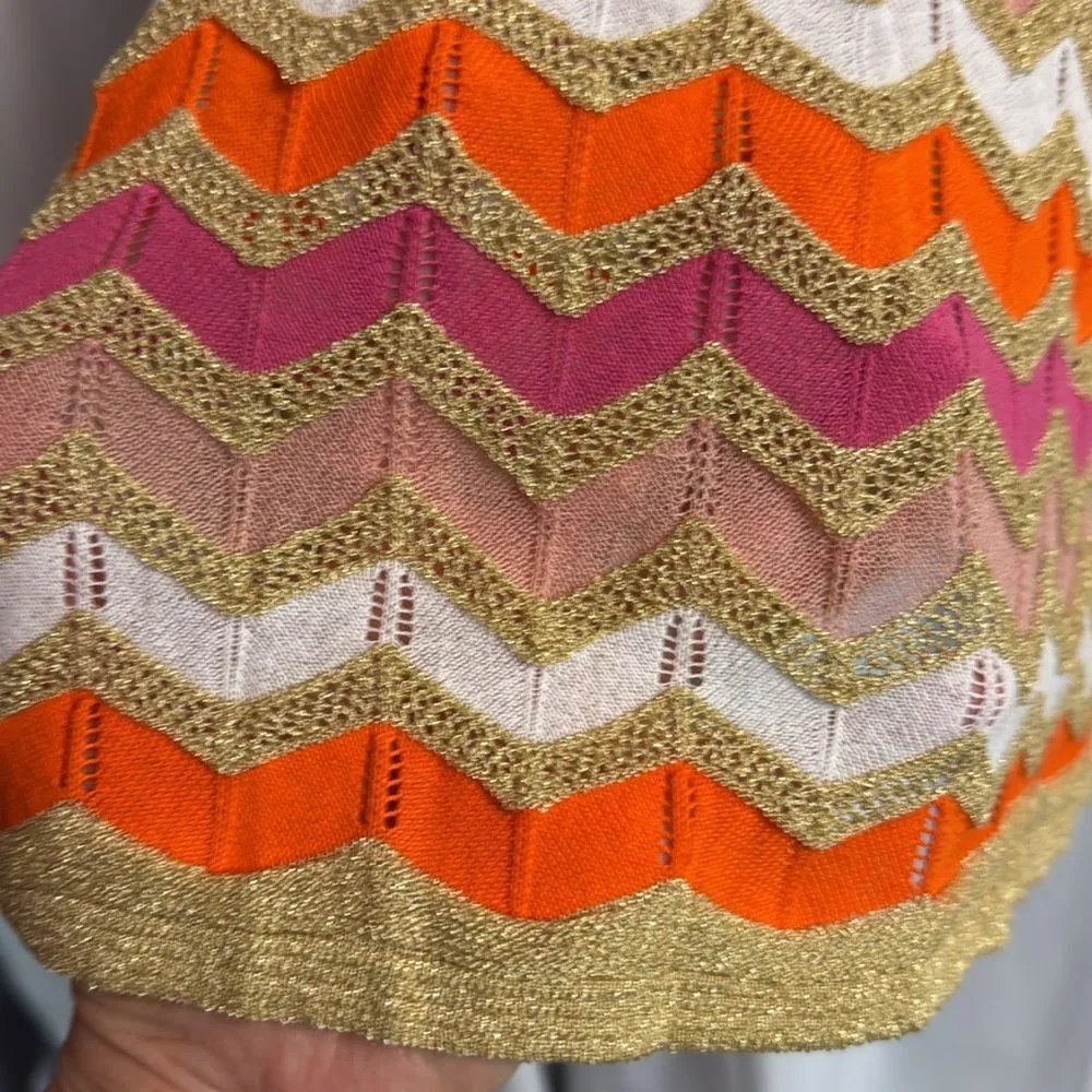 MISSONI PINK/ORANGE/ GOLD/TAN METALLIC SLEEVELESS ZIG ZAG KNIT DRESS C46 - Image 5