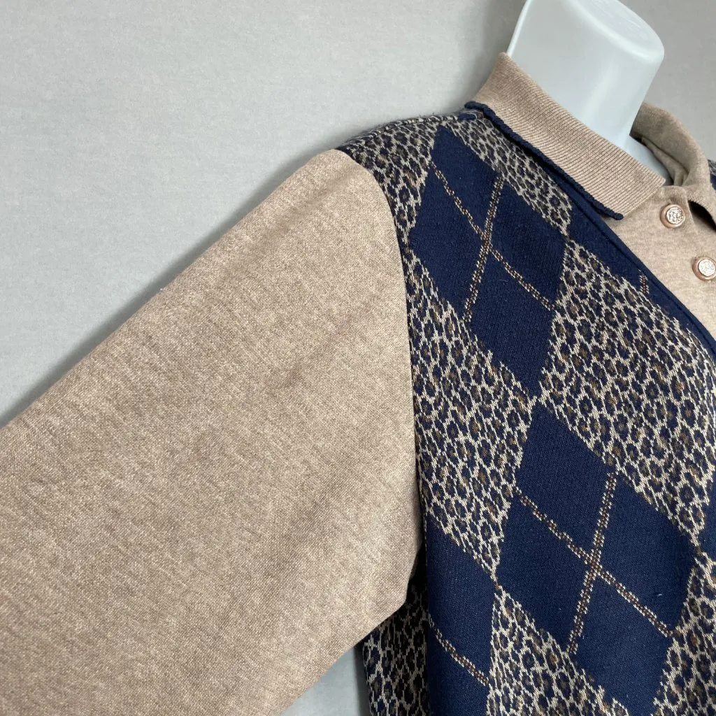 Vintage Argyle Sweater Vest Faux Set‎ Leopard Print Tan Navy Women Size Medium - Image 11
