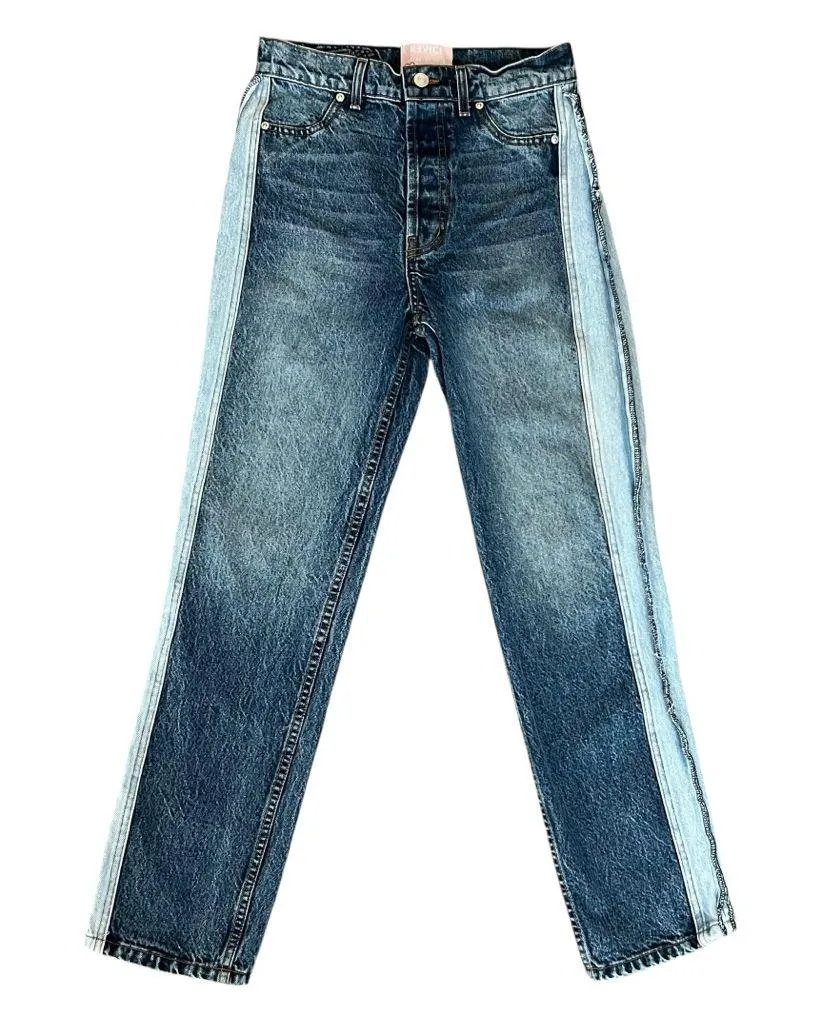 Revice Denim Women’s Two Tone Raw Hem Distressed Mom Jeans High Rise Colorblock - Image 2