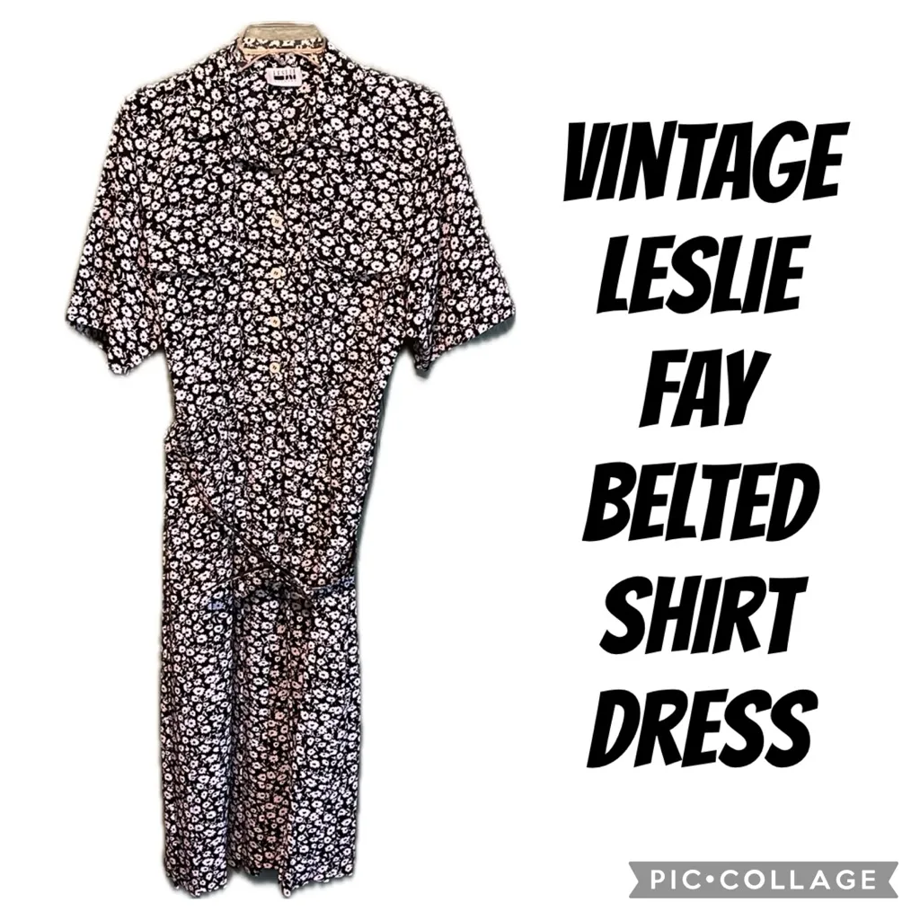 Vintage Leslie Fay Belted Shirt Dress Floral Black and White Button - Image 3
