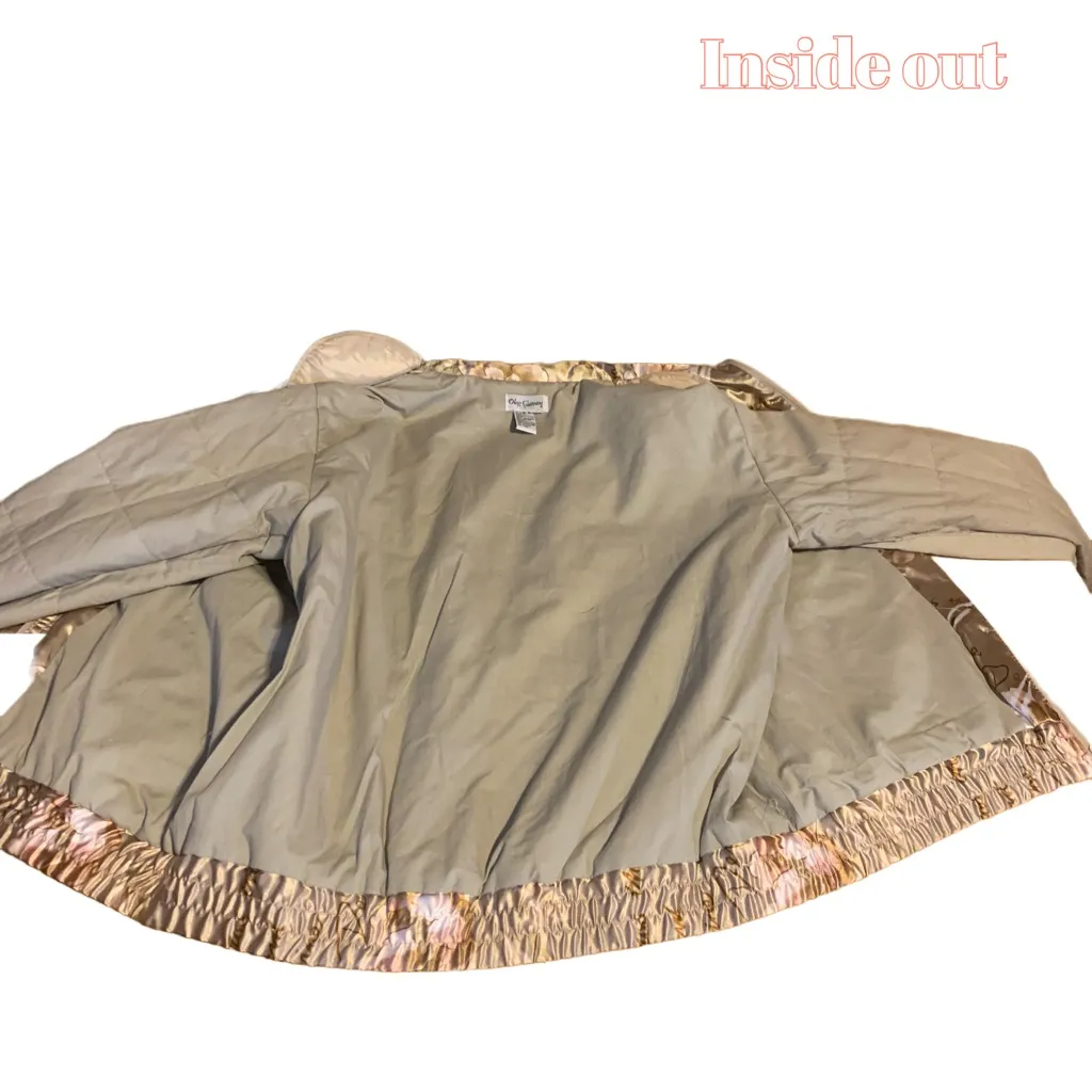 VINTAGE OLEG CASSINI FLORAL PRINT CREAM A PINK BLUSH SATIN BOMBER JACKET (M) - Image 11