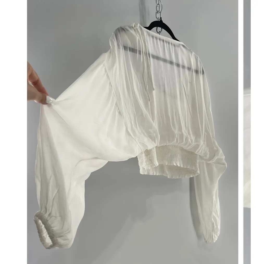 Anthropologie White Sheer Surplice Smocked Waist Long Balloon Sleeve Crop Top XS - Image 8
