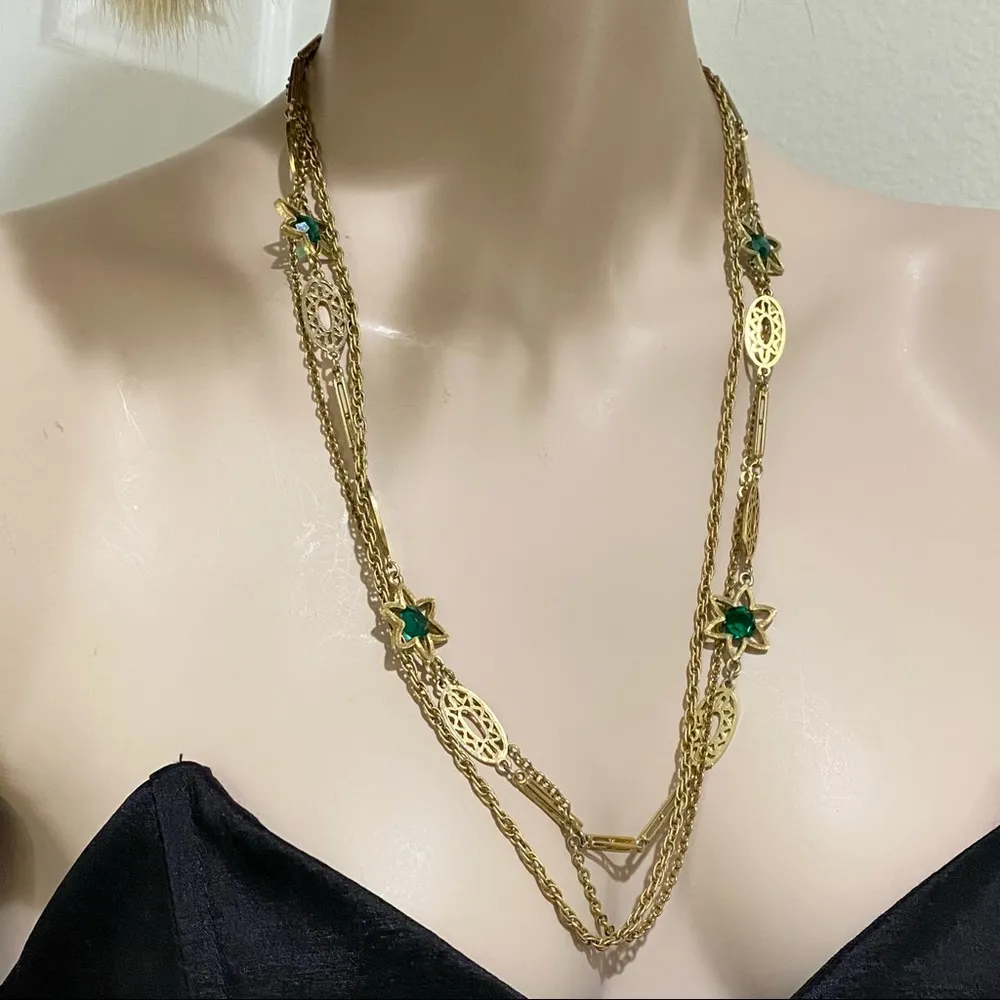 Vintage Unsigned Emerald Gold Chain Long Necklace - Image 3