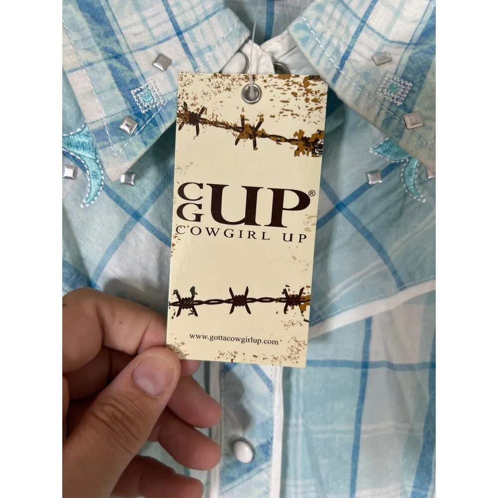 Cowgirl Up Pearl Snap Large NEW Blue Plaid Embroidered Studded Western - Image 9