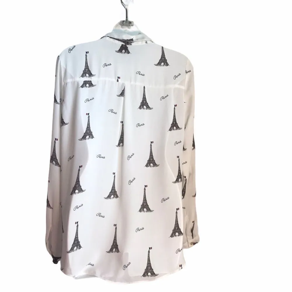 Forever 21 Paris Eiffel Graphic Print Tower Button Down Blouse White S - Image 4