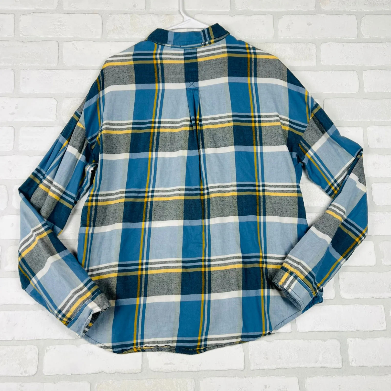 Prana Womens Button Down Plaid Flannel Shirt Long Sleeve Blue Yellow Large - Image 11