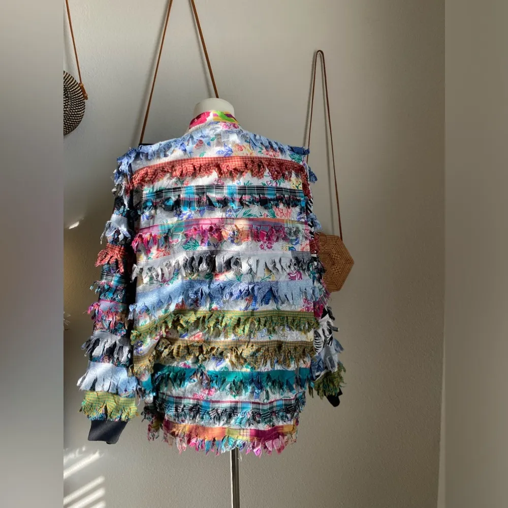 Vintage Paula Sweet Muslin Mink Fringe Floral Jacket, Size Small Blue - Image 5