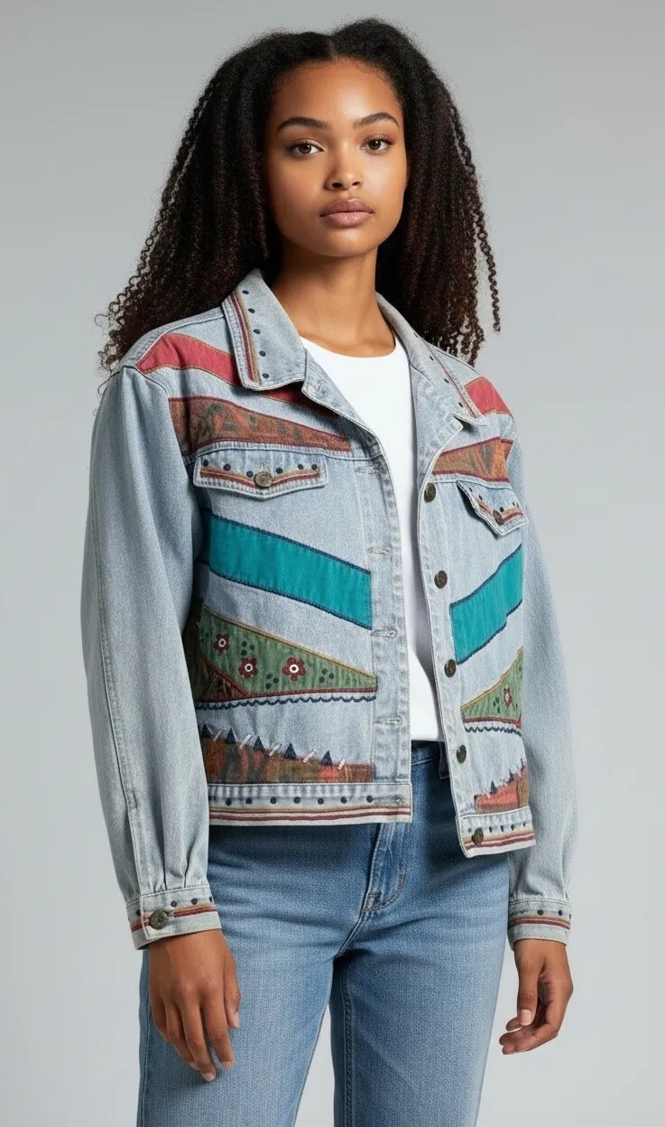 Petite Sophisticate Denim Jacket Southwestern Patchwork Embellished Size S - Image 1