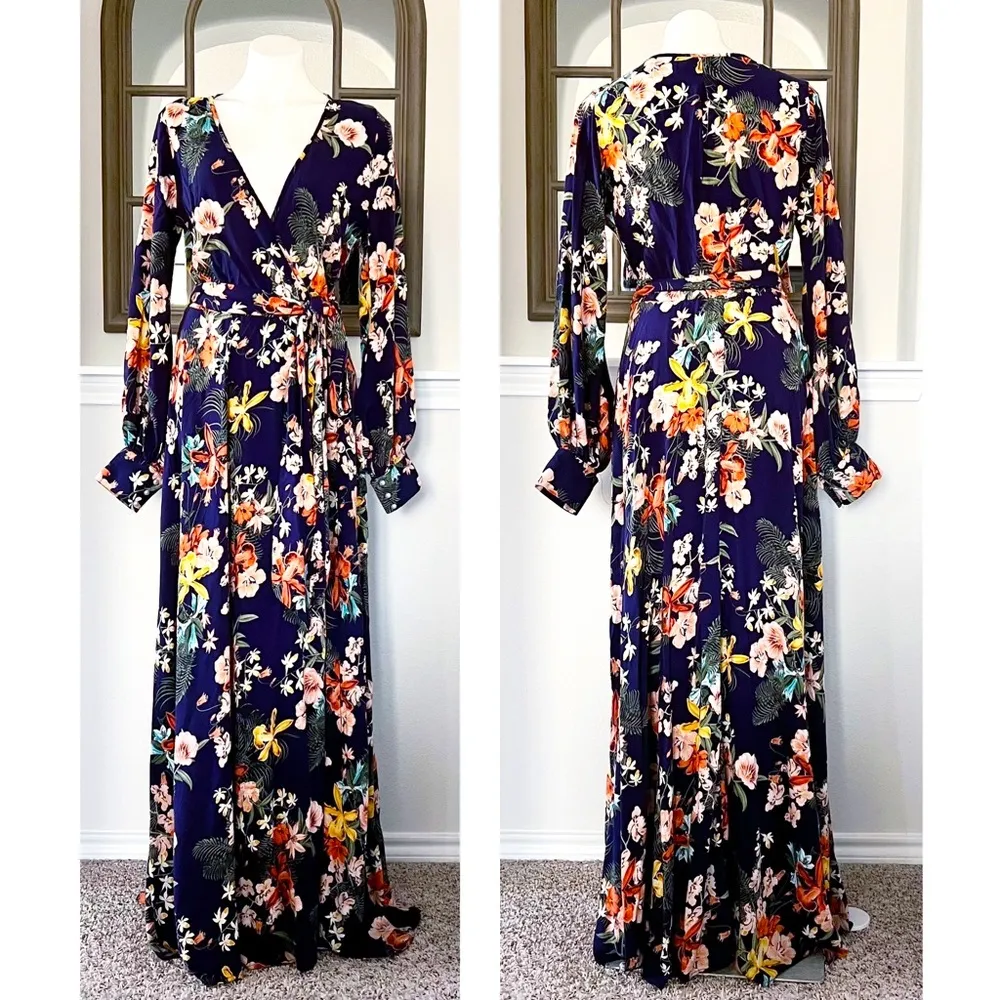 Meghan LA Floral Maxi Dress Navy Lilypad Split Neck Size XL EXCELLENT! $399 - Image 3