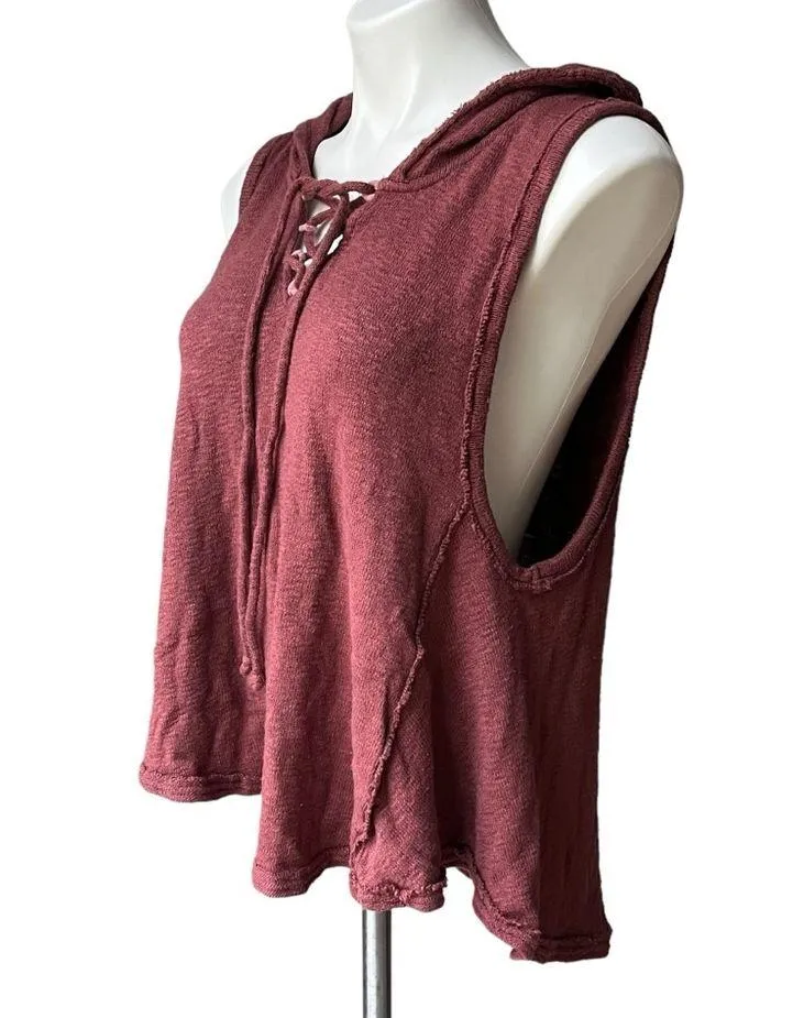 We the Free Sleeveless Lace Up Knit Hoodie, Burgundy - Image 7