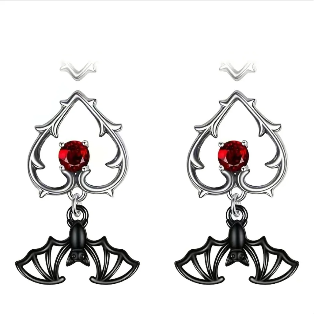 Gorgeous Black Bat Heart Dangle‎ Halloween Earrings with Ruby Color Decor Silver - Image 2