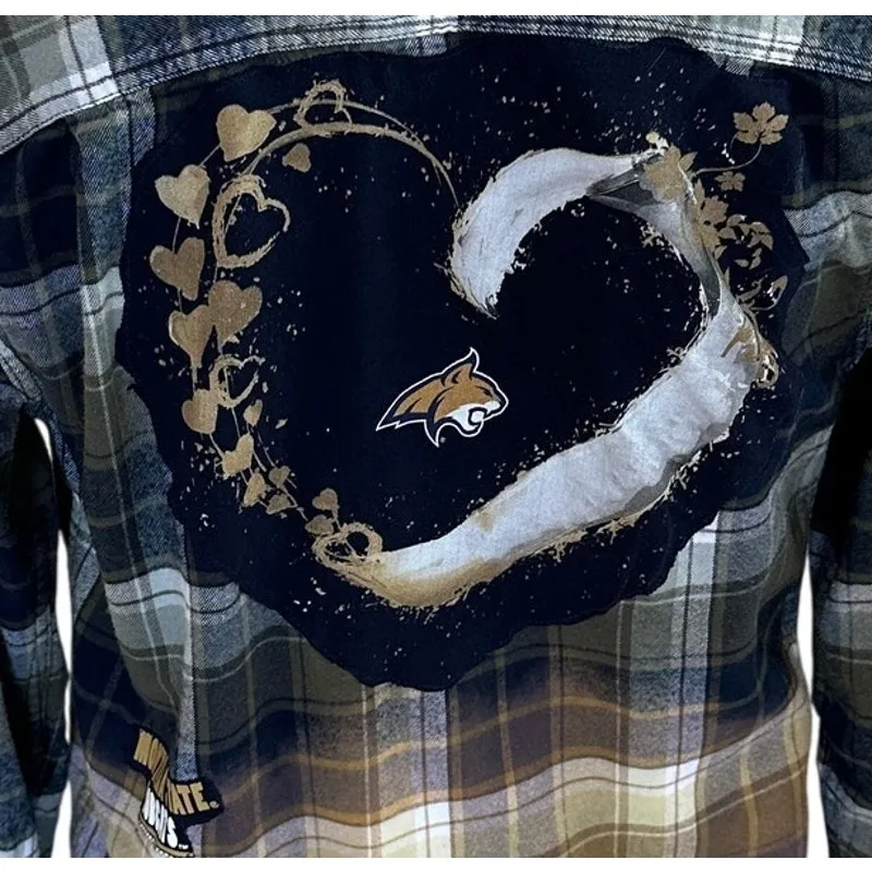Montana State Bobcats Plaid Flannel Shirt SMALL Oversized MSU Football Tailgate Blue - Image 2