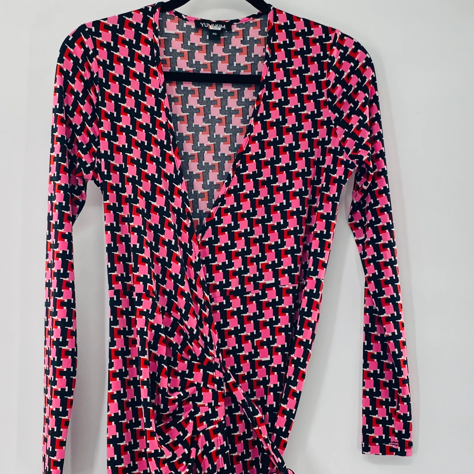 Yumi Kim Sabine Jersey Asymmetrical Wrap Dress Red Pink Black Geometric Print XS - Image 9