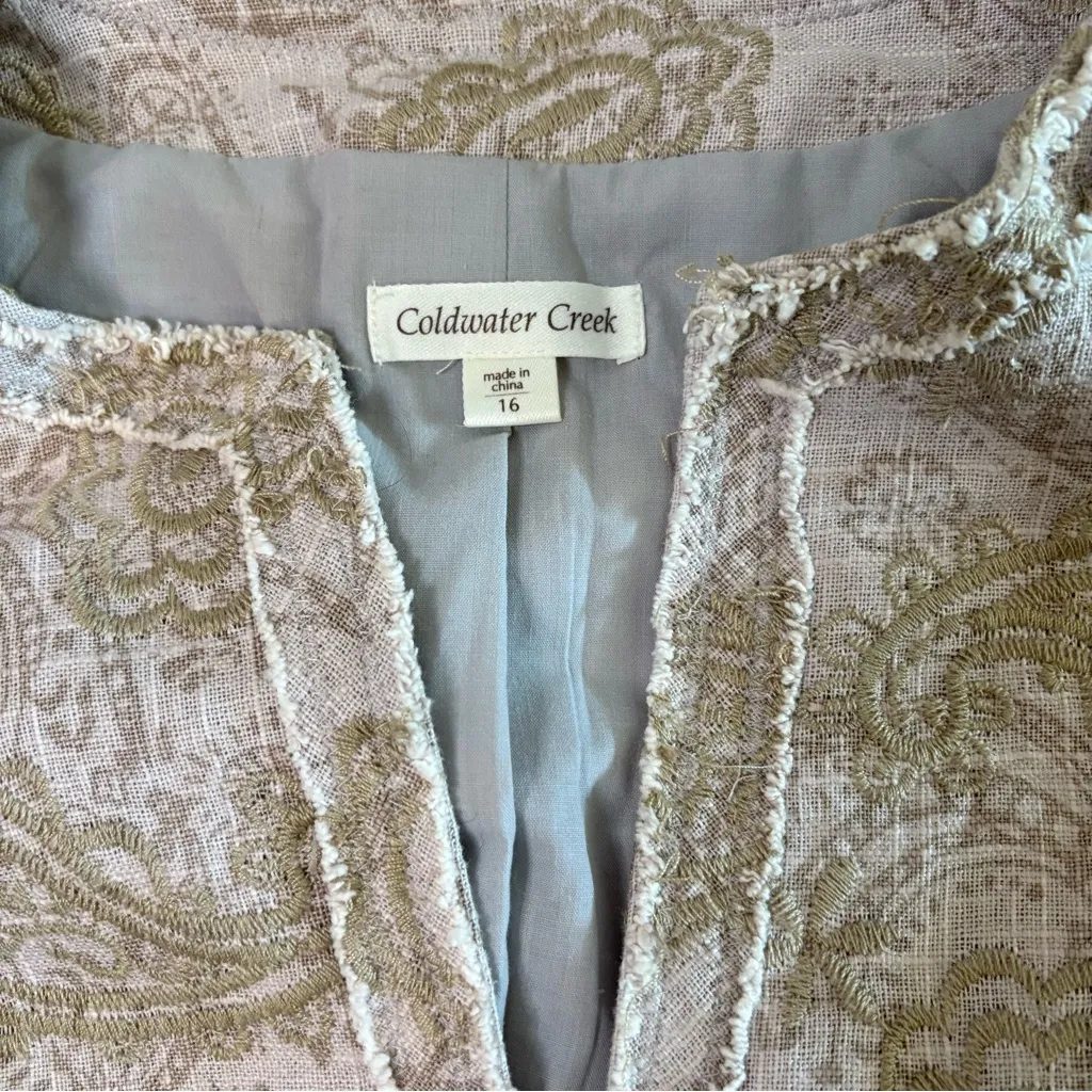Coldwater Creek Textured Olive and Cream Jacket Sz 16 Paisley Linen blend Womens - Image 2