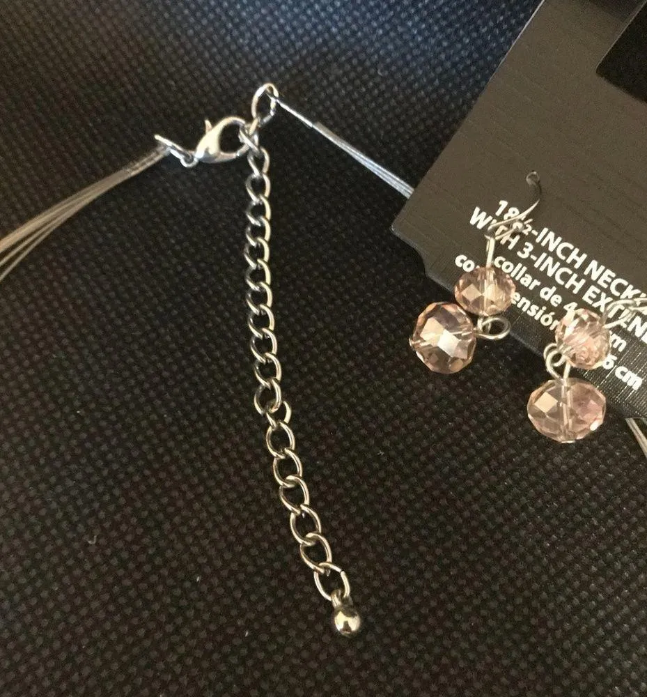 Necklace & Earrings Set Pink Beads on Silver Color Wire Multi Strand BNWT - Image 5
