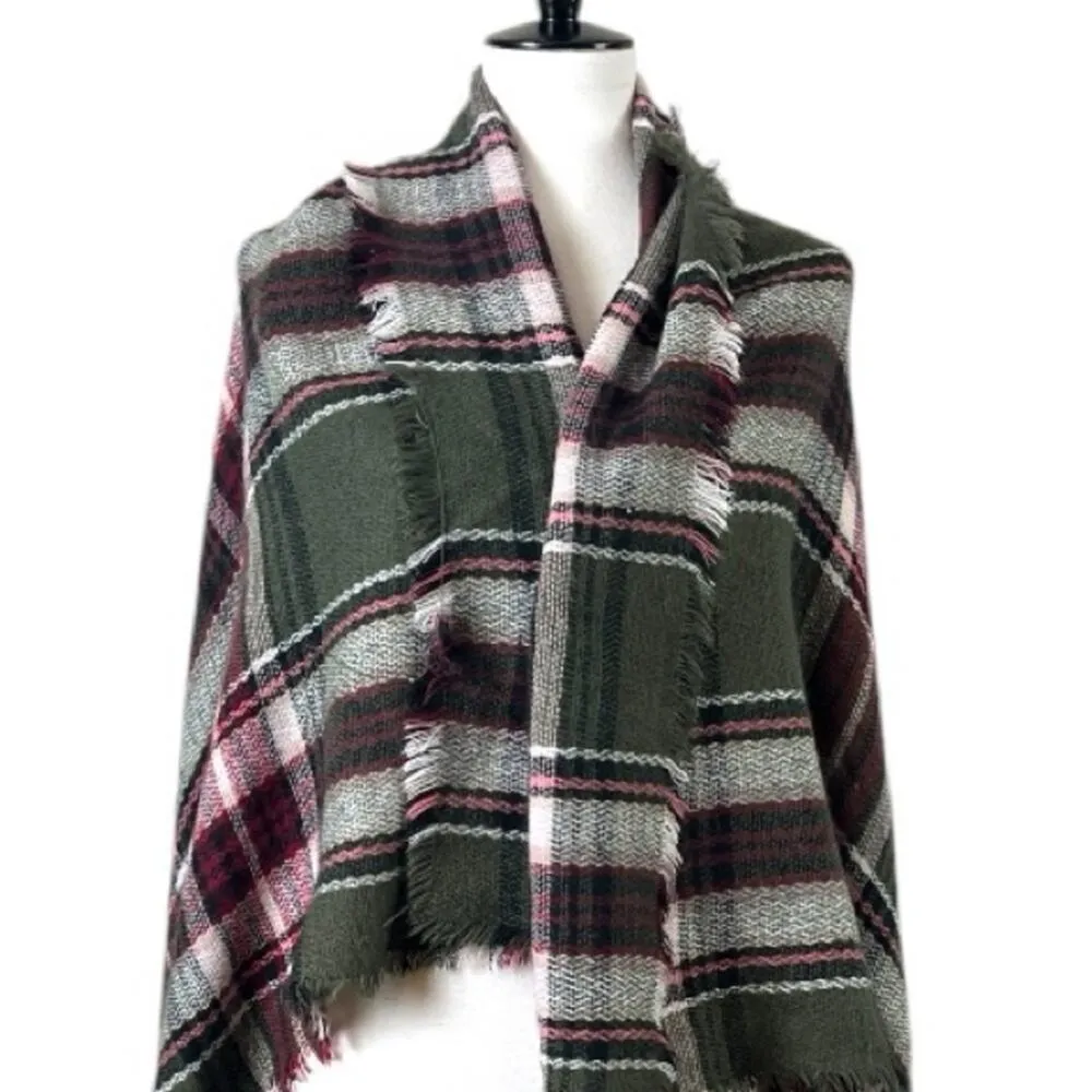 Blanket Scarf Wrap Shawl Square Fringe Olive Green Pink Multi Plaid Women’s - Image 5