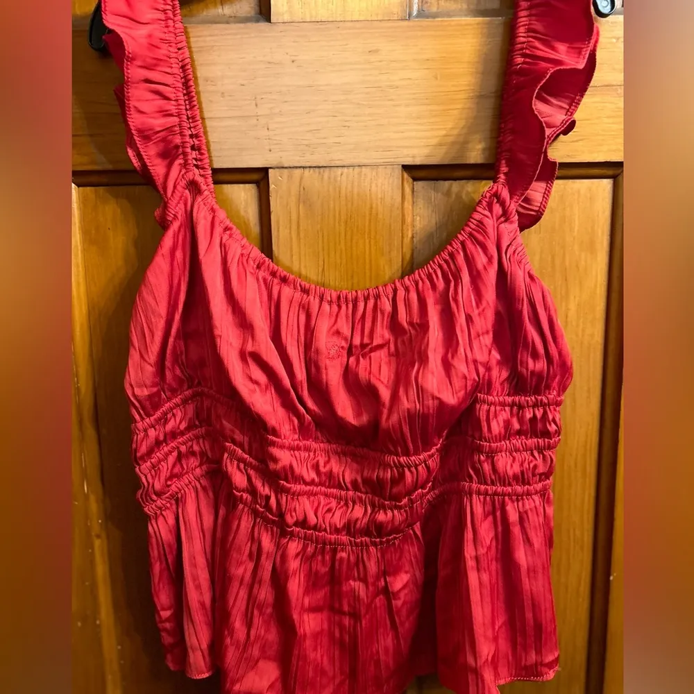 Red Anthropologie Blouse—Ruched, Smocked, Sleeveless with Ruffled Straps… - Image 8
