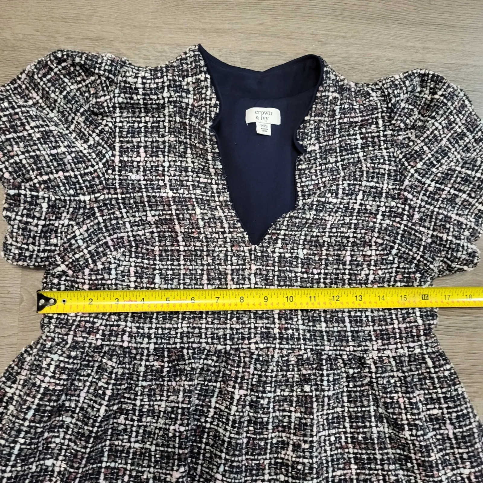 Crown & Ivy Petite Tweed Tiered Dress XS Short Sleeve V Neck Navy Pink Multi - Image 4