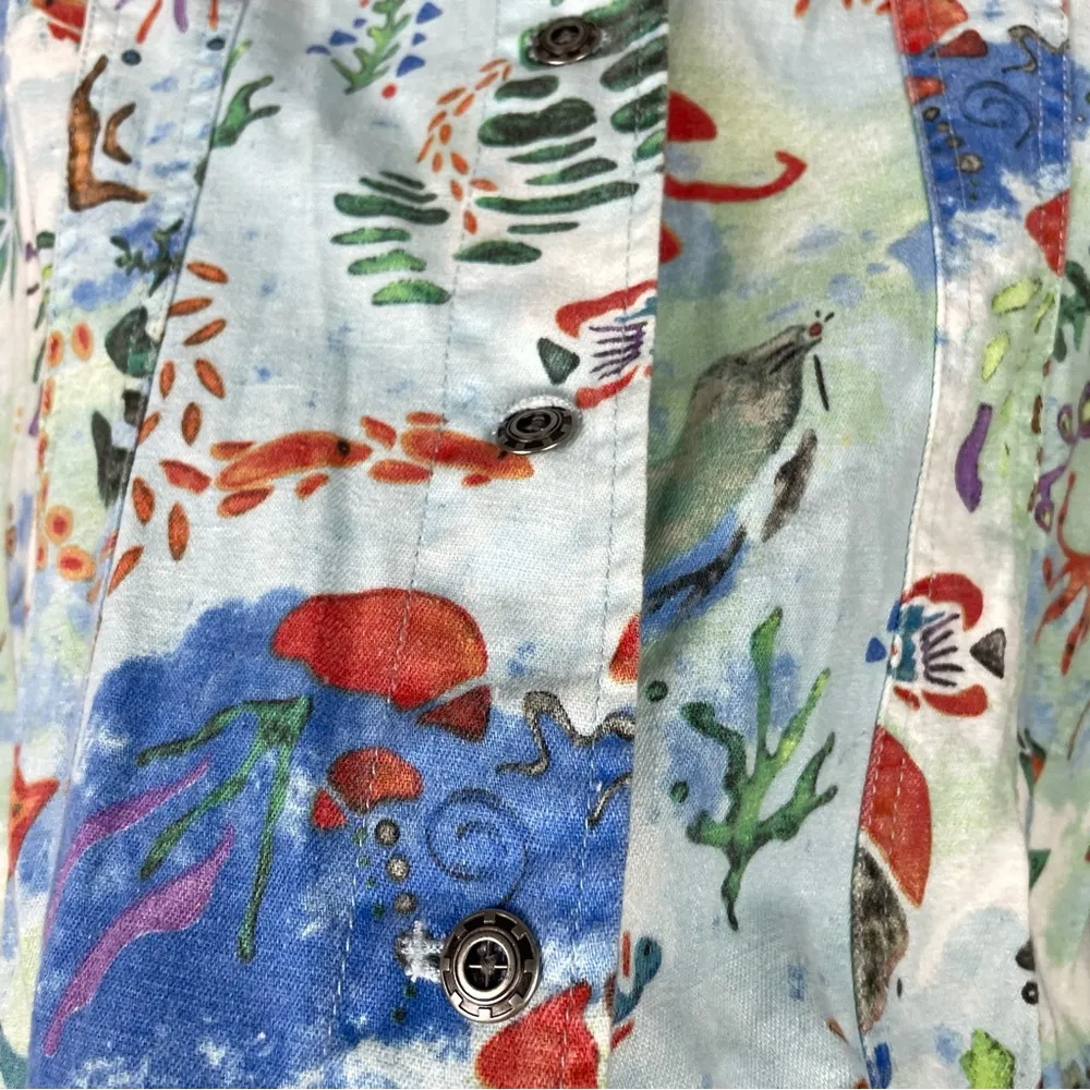 Chico’s Top Jacket Whimsical Sea Life Nautical Print Blue Linen Cotton - Image 3