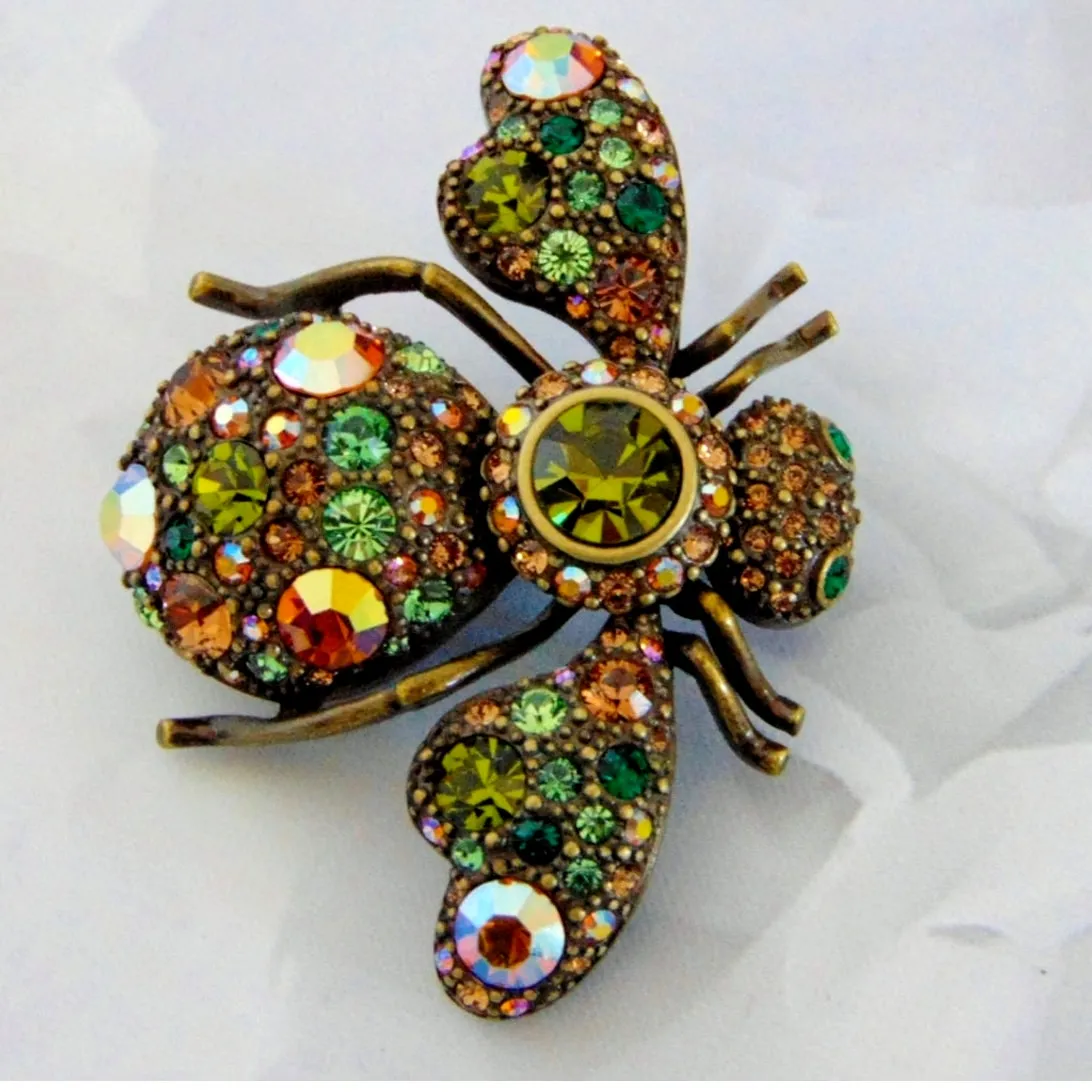 Joan Rivers Prismatic Bee Pin Brooch Crystal 1.8" Peridot Aurora Borealis Bronze - Image 4