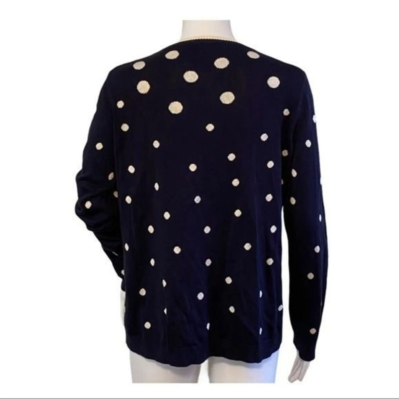 Pendleton Sweater Medium Petite Cardigan Navy Blue Ivory Polka Dot Office Preppy - Image 3