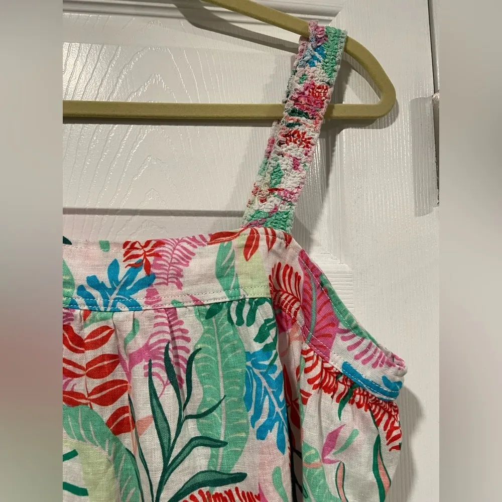 Cynthia Rowley Size L Smocked Strap 100% Linen Tropical Pearl Button Back Top - Image 3