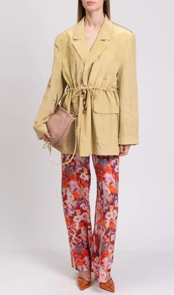 Ganni Bead-Embellished Crinkled Shell Shiny Blazer, Leek Green, Size 46 New wTag - Image 13