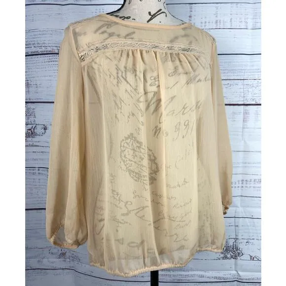 Lily White Blouse Top Womens L Sheer Chiffon Lace Keyhole 3/4 Sleeves Layering - Image 2