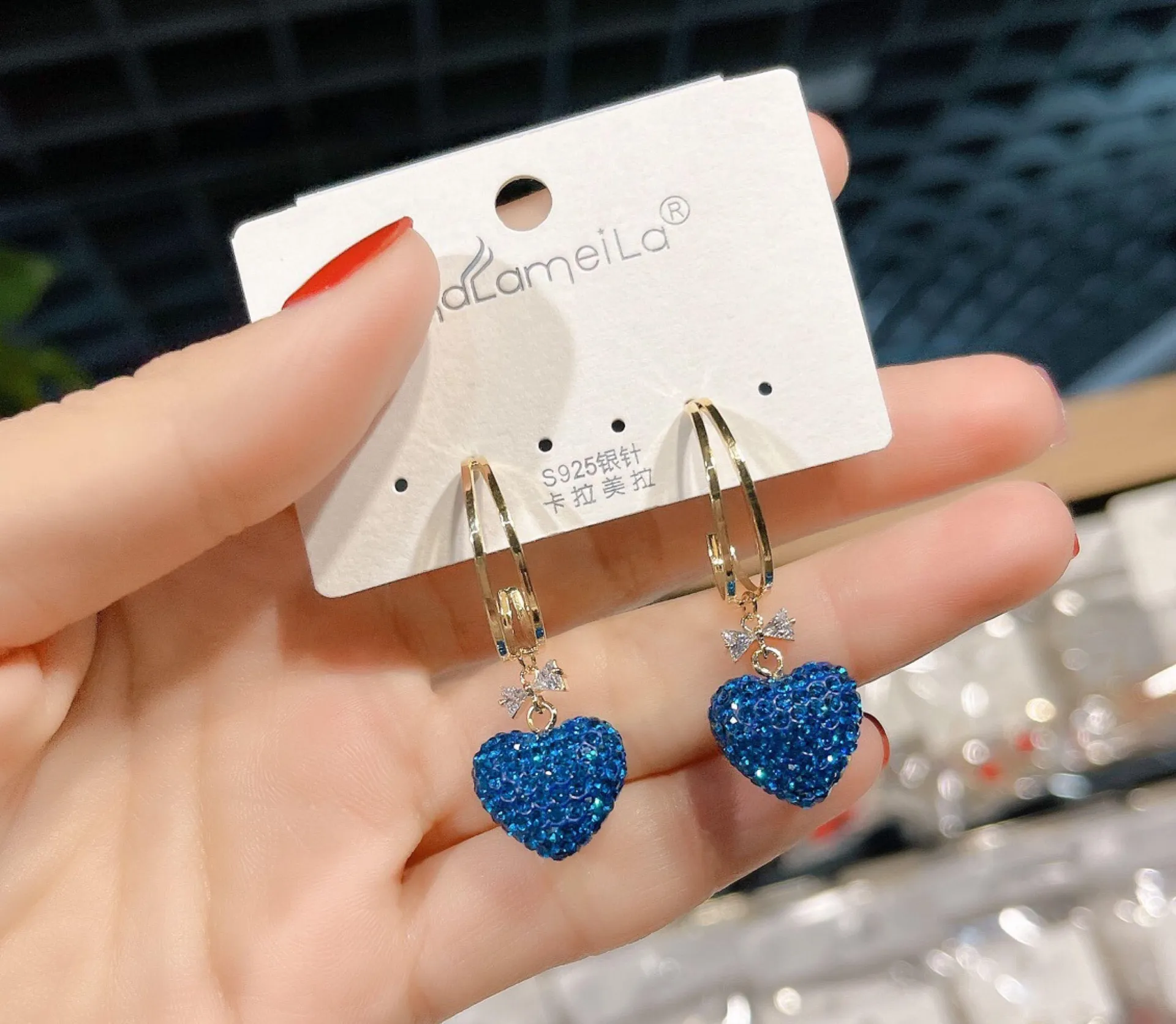 Women's Blue Diamond Love Heart Dangle Drop Earrings - Image 2