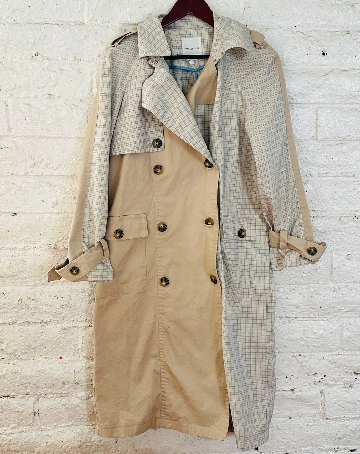 Not Have Belt Plaid Double-Breasted Trench Coat Beige Size L - Image 3