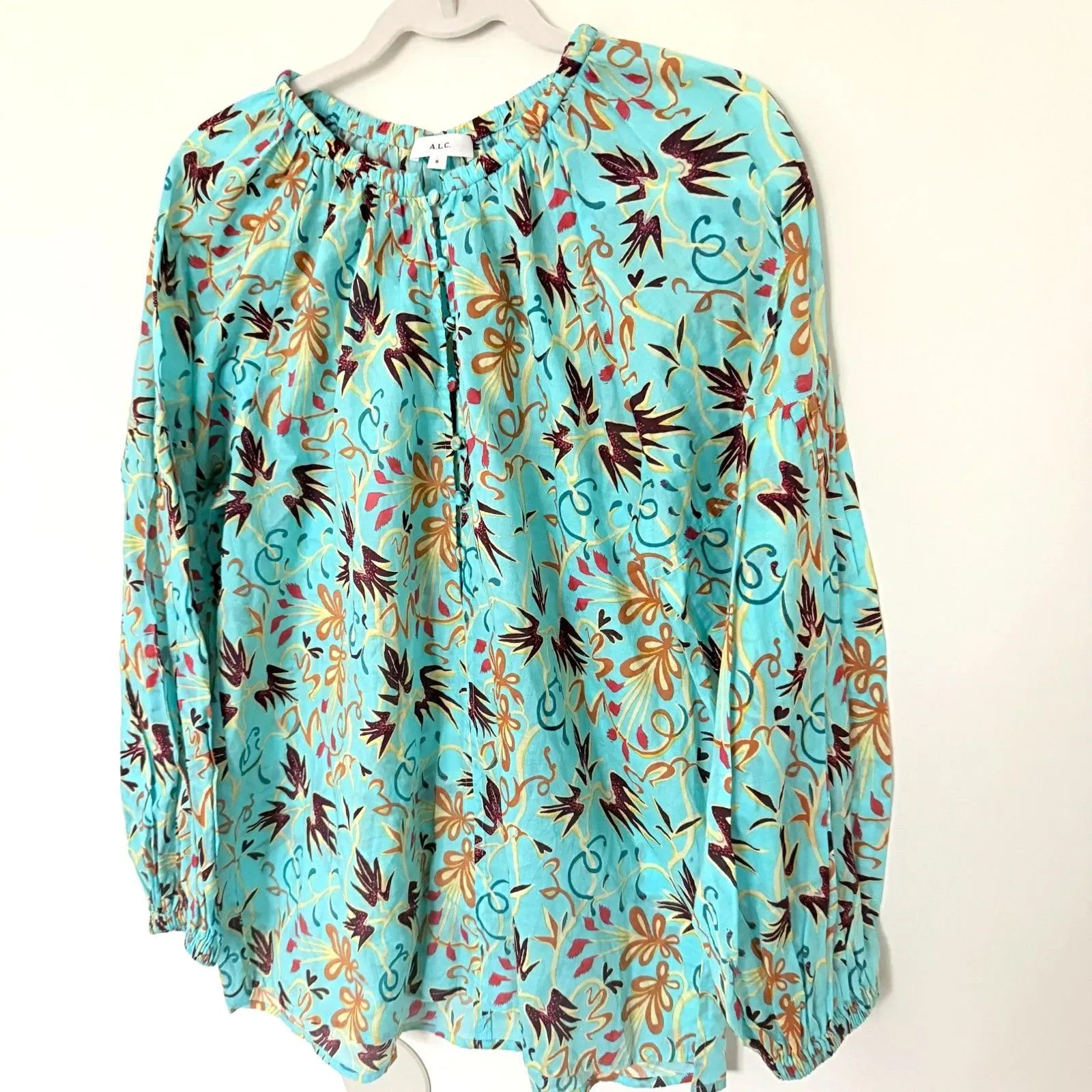 NWOT ALC Capri Grotto Green Floral Cotton Blouse Long Sleeve Boho Romantic Top 8 - Image 11