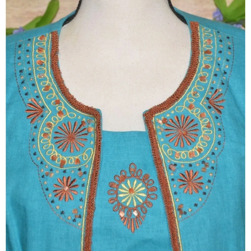 Vintage Miss Dorby Jacket & Maxi Dress Size 12 Linen Blend Embroidered Beaded Blue - Image 3