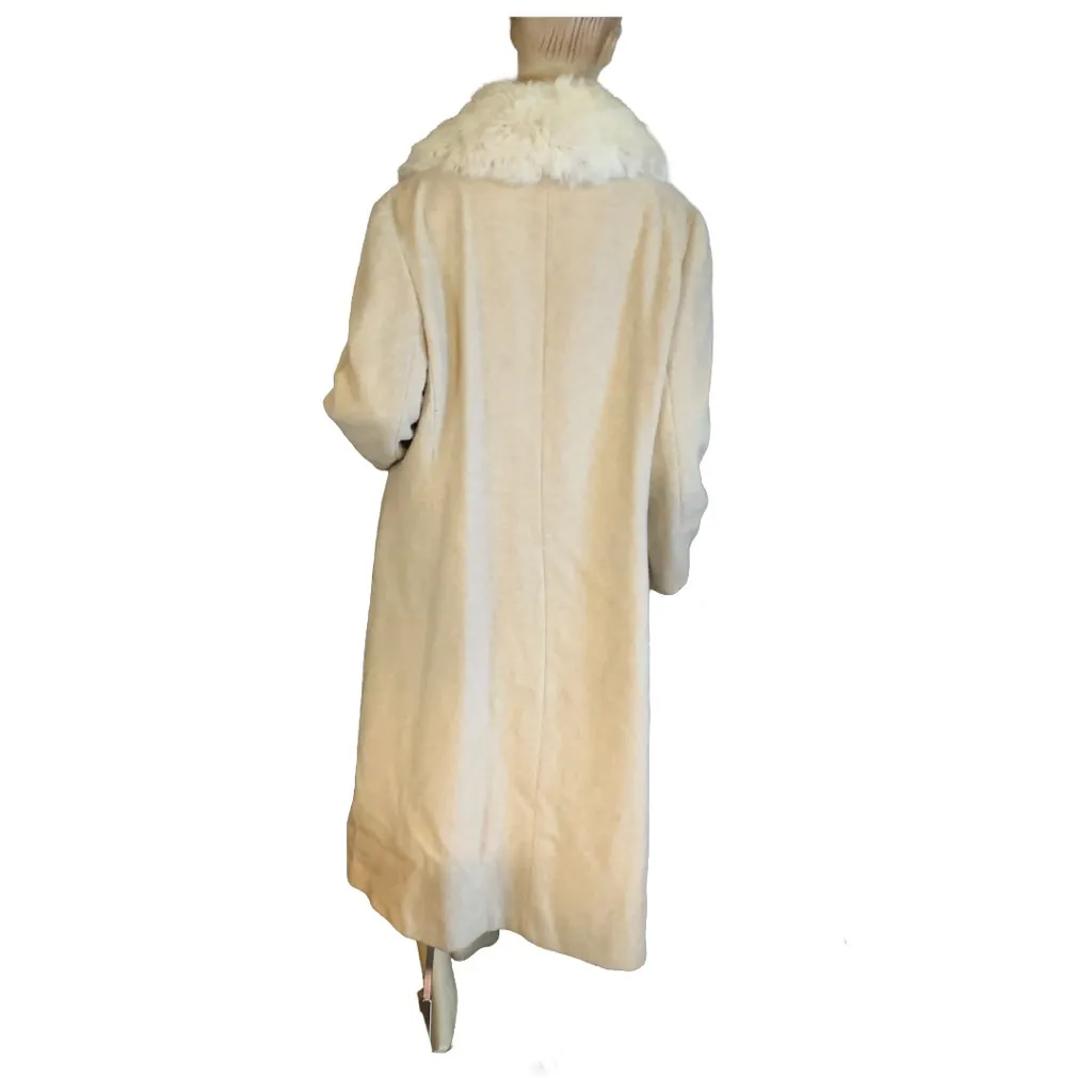 VINTAGE 1980'S PRIME SOURCE NY BEIGE & CREAM WOOL & RABBIT FUR COLLAR COAT (L) Size L - Image 4