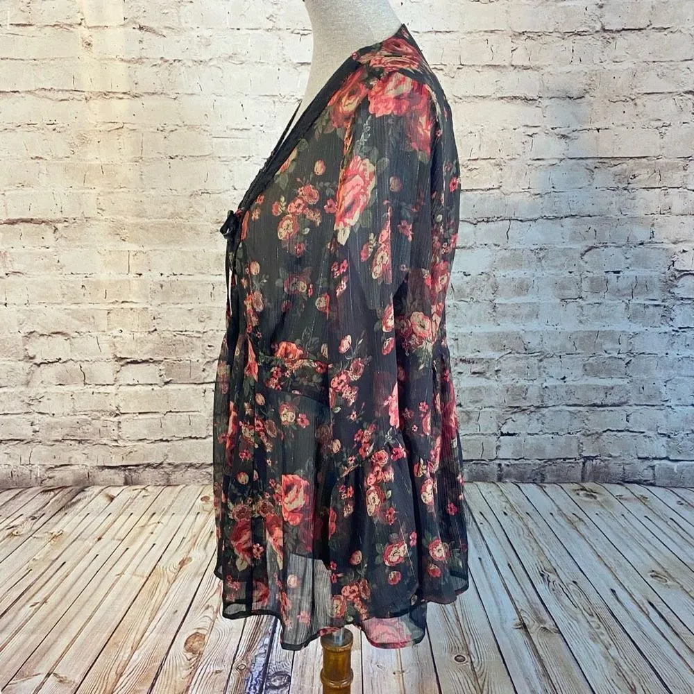 Torrid Babydoll Sheer Chiffon Lurex Crochet Detail Lace Up Blouse Bell Sleeve 0 - Image 6