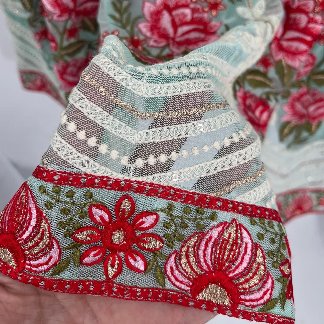 Soft Surroundings Lace Boho Maxi Skirt PXL Aqua Embroidered Floral Mesh Fairy - Image 11