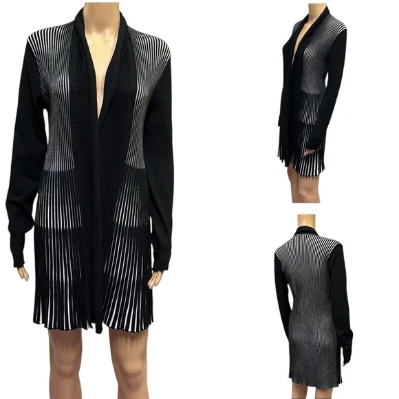 Lapis Long Open Front Ribbed Knit Cardigan Black and White Womens Small - Image 2