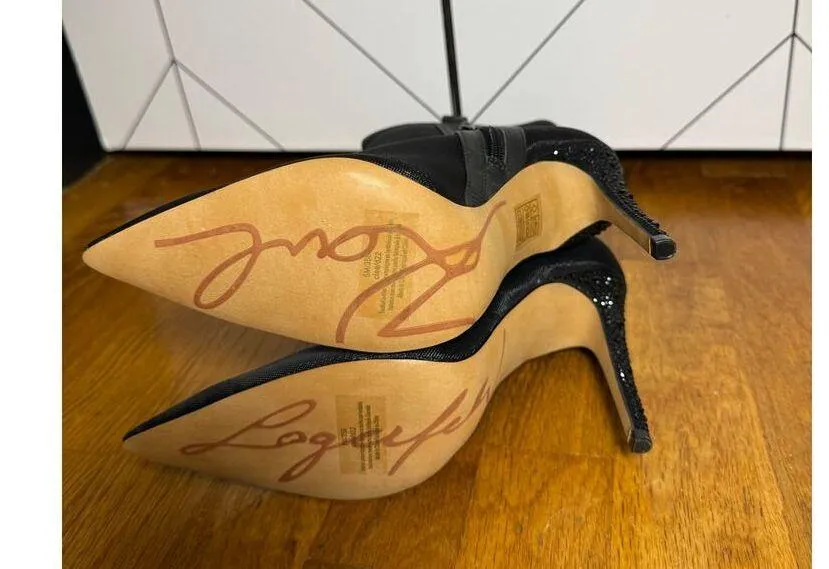 Karl Lagerfeld Womens 5 Black Paris Mesh Rhinestone Leather Zipper High Heels - Image 7