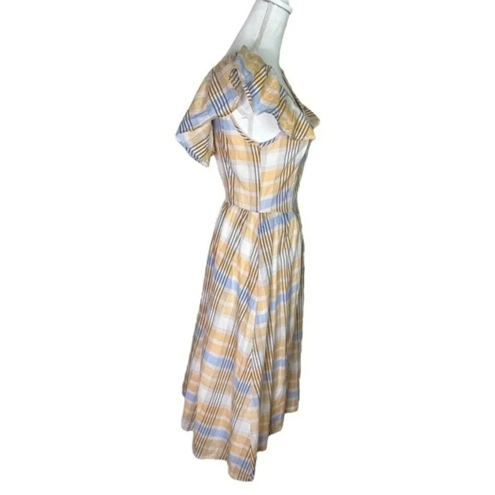 Saint Geraldine Polly Cotton Ruffle Cottagecore Kingsley Plaid Pocket Midi Dress Blue - Image 7