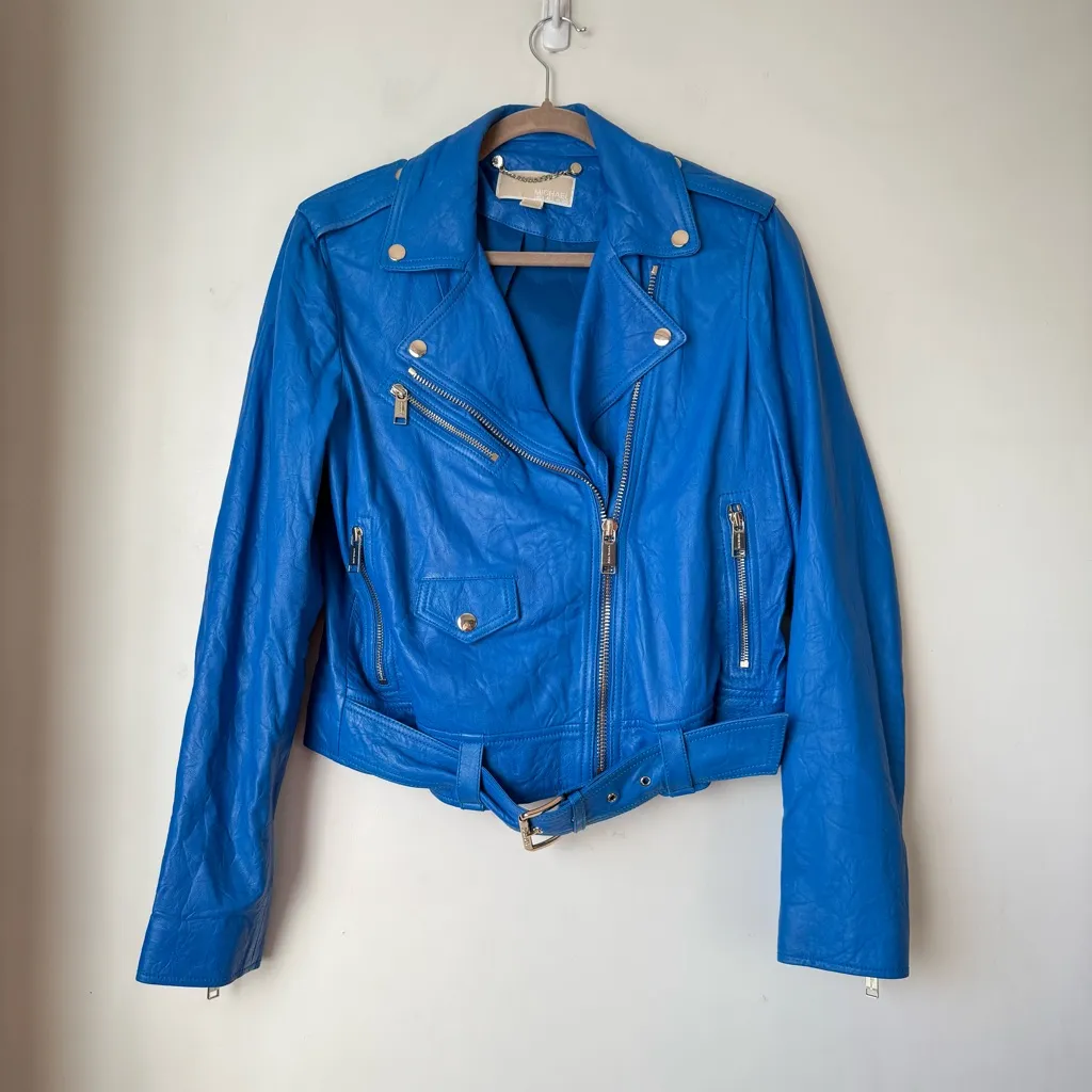 Michael Michael Kors Bright Blue Leather Belted Moto Jacket M Size M - Image 4