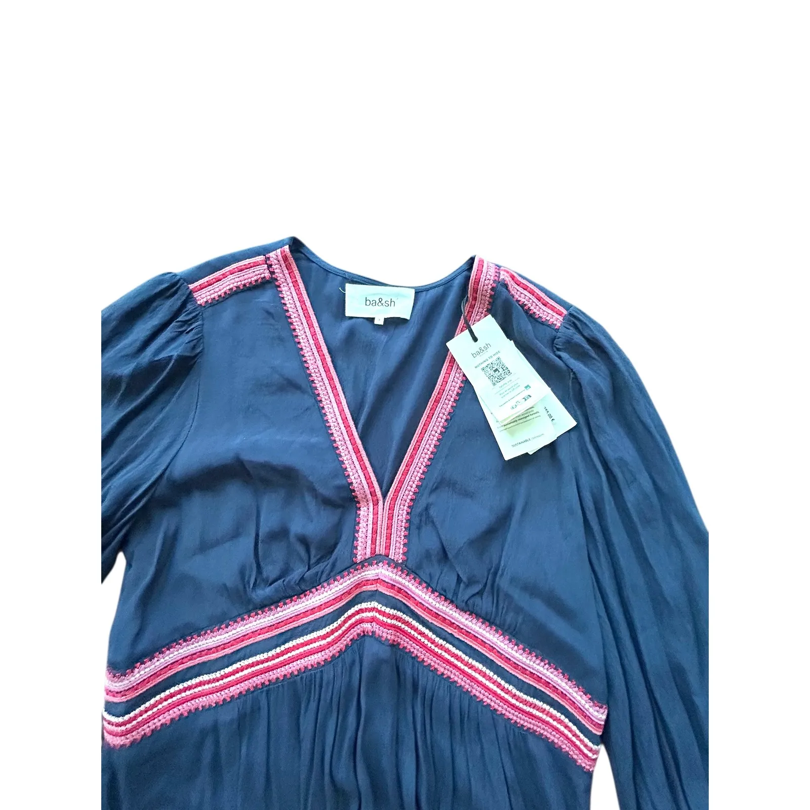 Ba&sh Robe Tanina Navy Blue Embroidered V-Neck Midi Dress NWT - Image 4