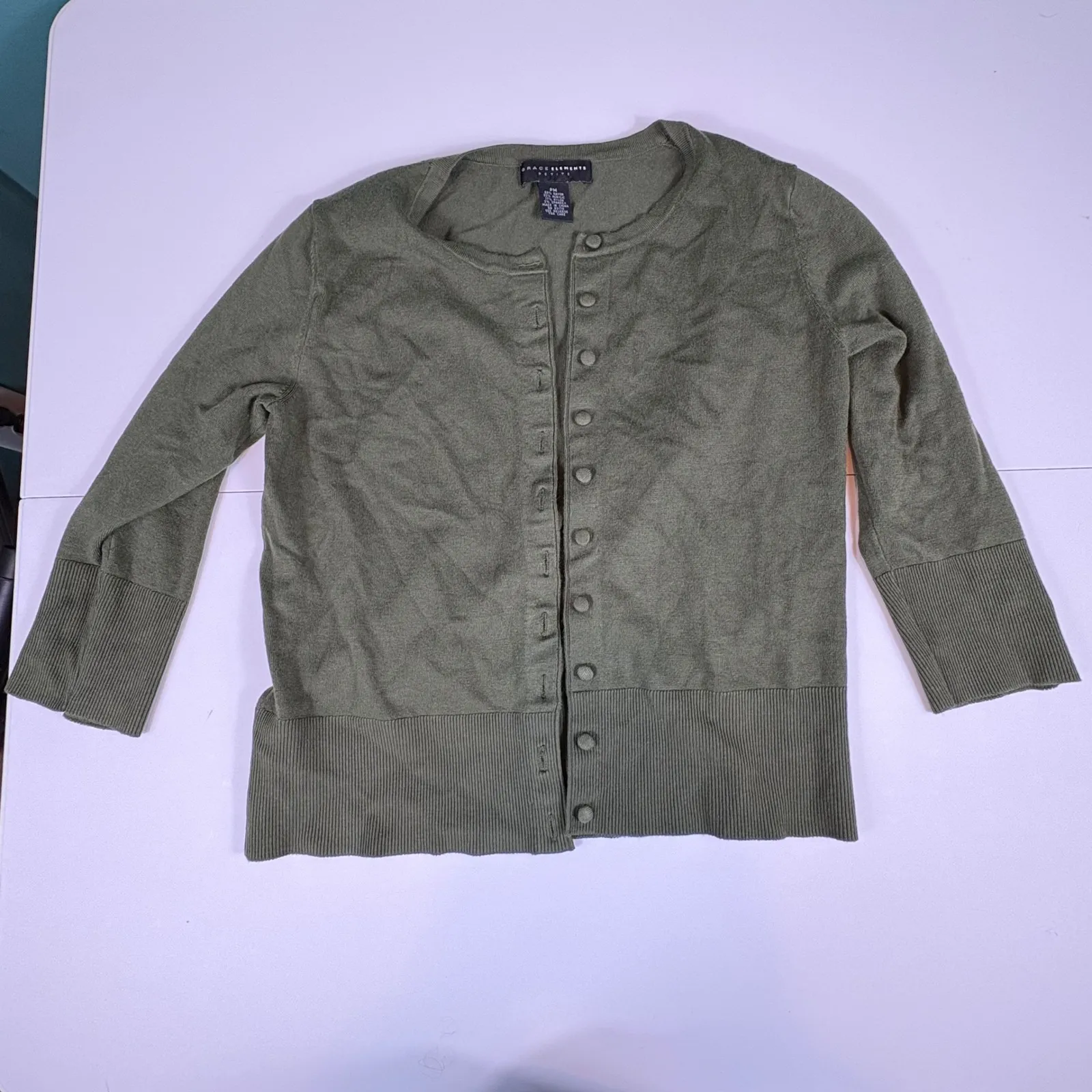 Grace Elements Petite Olive Green Button Down 3/4 Sleeve‎ Cardigan Sweater - Image 6