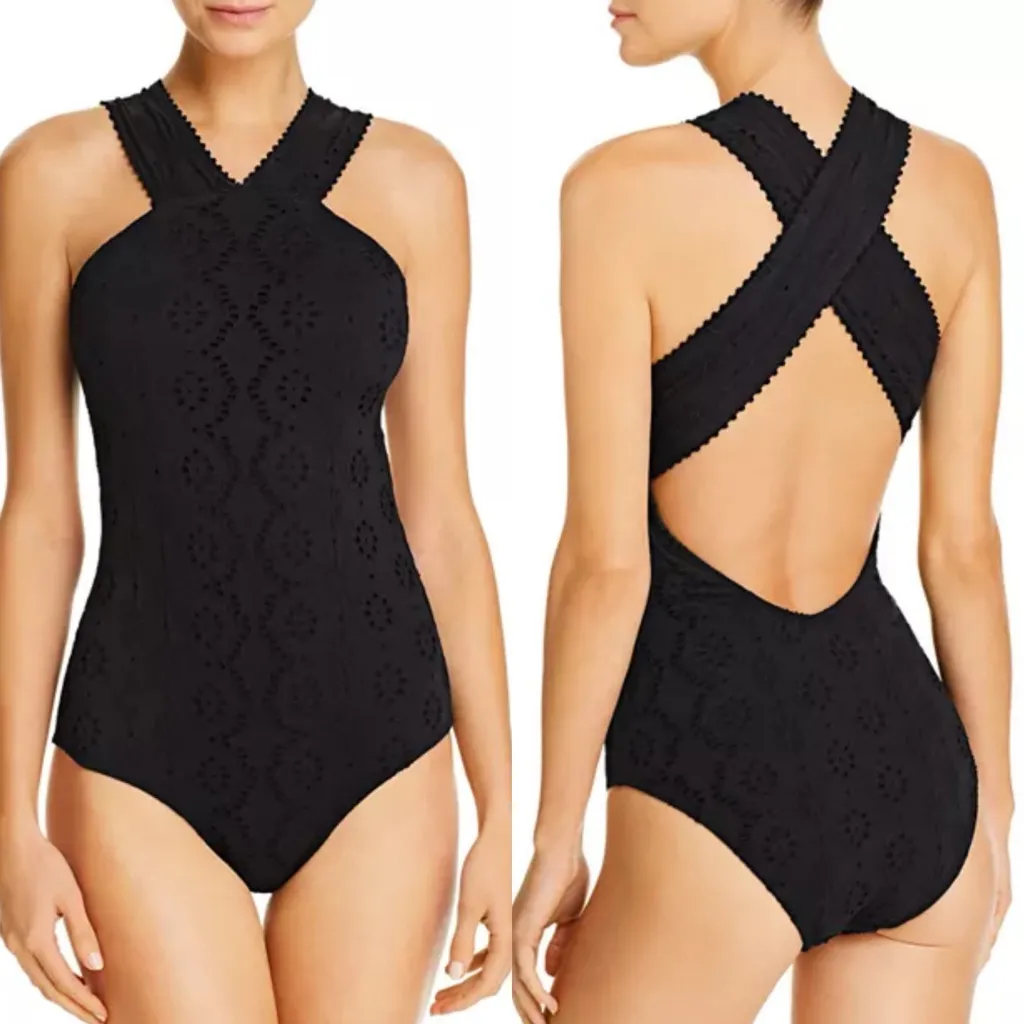 Shoshanna Black Embossed Stretch Eyelet High Neck One Piece Swimsuit Zero 0 XS - Image 2