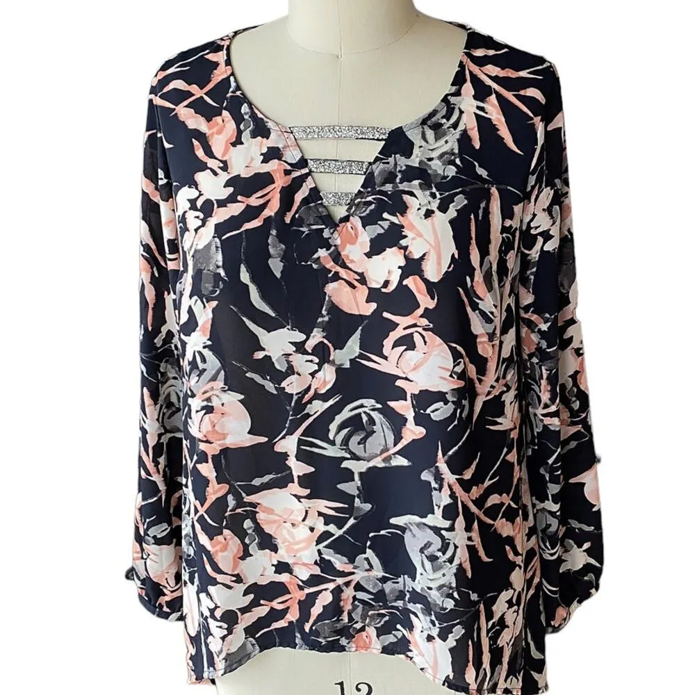 JUICY COUTURE Blue & Pink Floral Crystal Stones Blouse NWT ~ Women's LARGE - Image 2