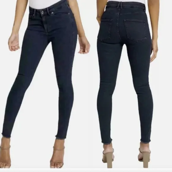 Good American Good Legs Frayed Hem Dark Wash Blue Skinny Jeans Size 0/25 - Image 2