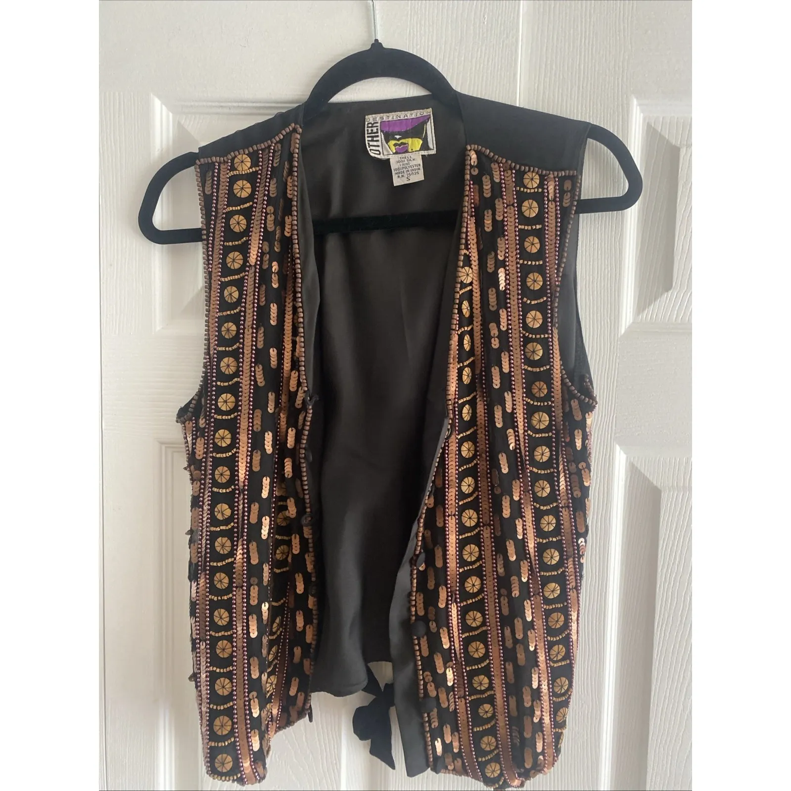 Vintage Other Destination Silk Beaded Vest Womens Small Wooden Beads Boho Artsy Black - Image 2
